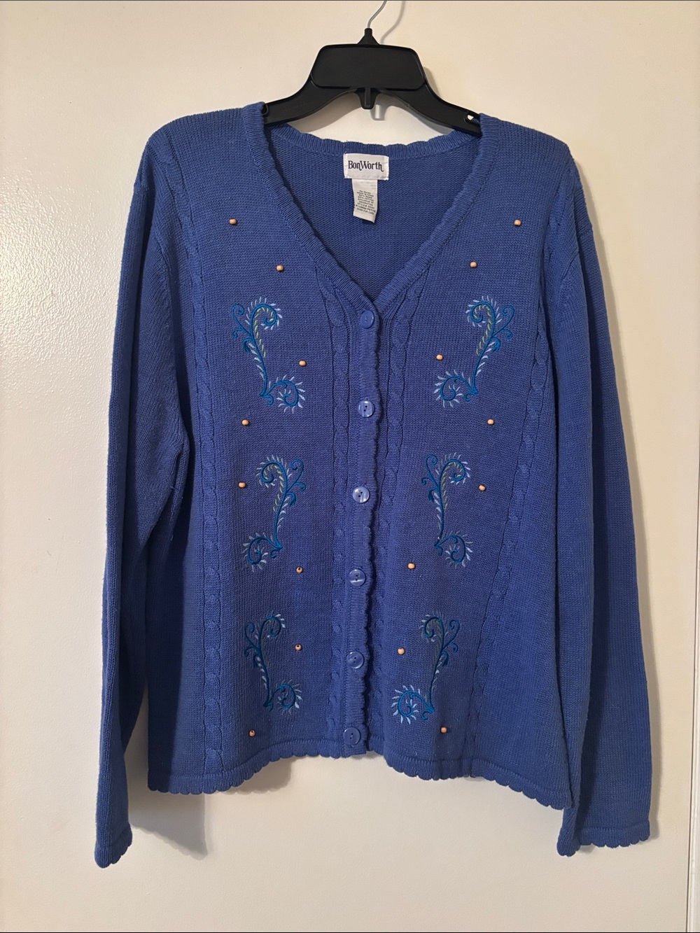 BonWorth Blue Embroidered V-Neck Button Cardigan Sweater